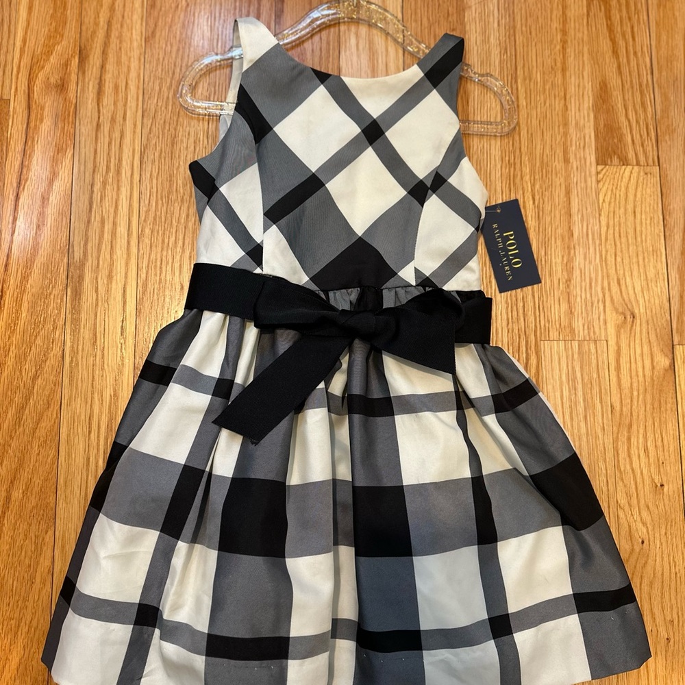 NWT Ralph Lauren Black and White Taffeta Dress ribbon belt